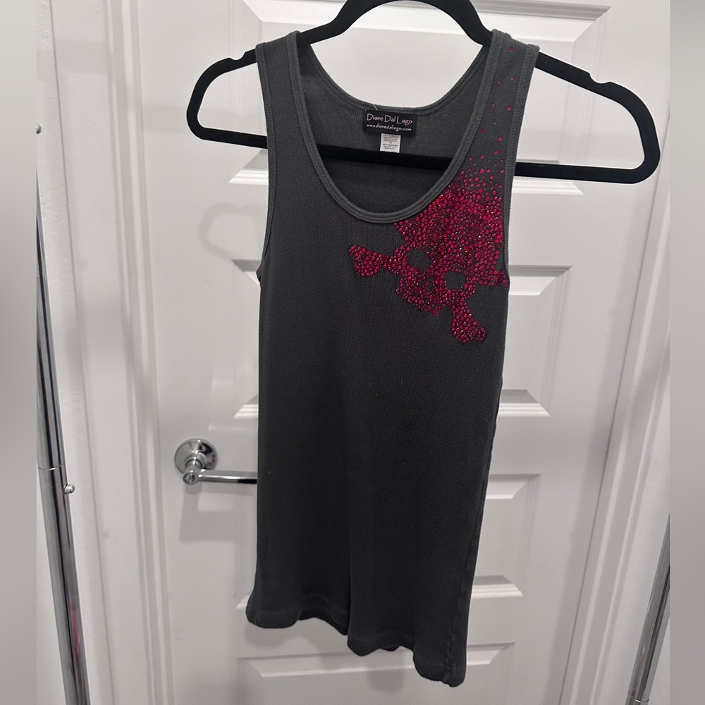 Diane Von Furstenberg Charcoal Tank with Red Skull Design
